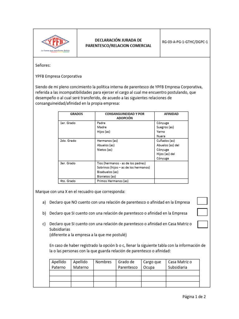 Declaracion Jurada de Parentesco | PDF