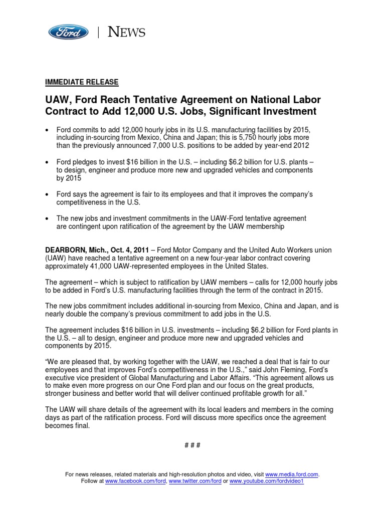 UAW, Ford Reach Tentative Agreement 12, 000 U.S. Jobs, Significant