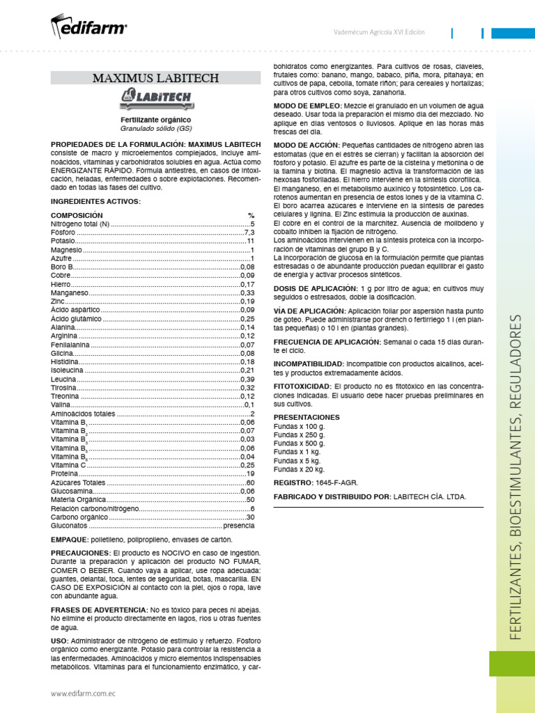 Fertilizante Orgánico Maximus Labitech | PDF