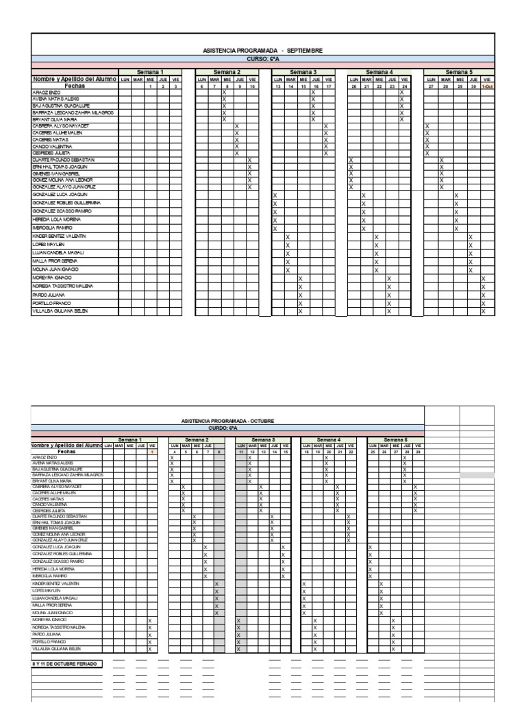Planilla de Asistencia Programada 6to A | PDF