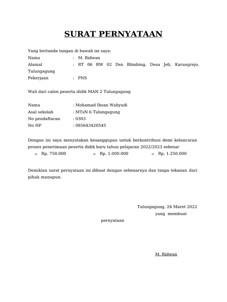 Format Surat Pernyataan Bermaterai | PDF