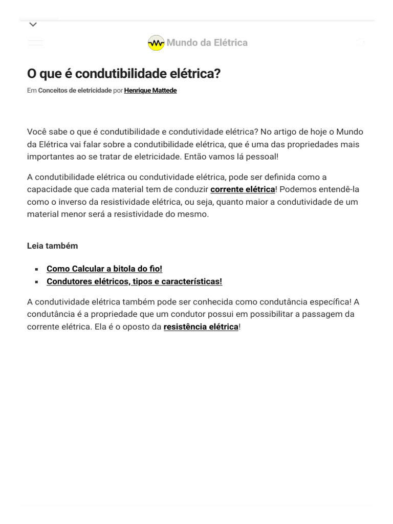 O Que É Condutibilidade Elétrica Mundo Da Elétrica PDF