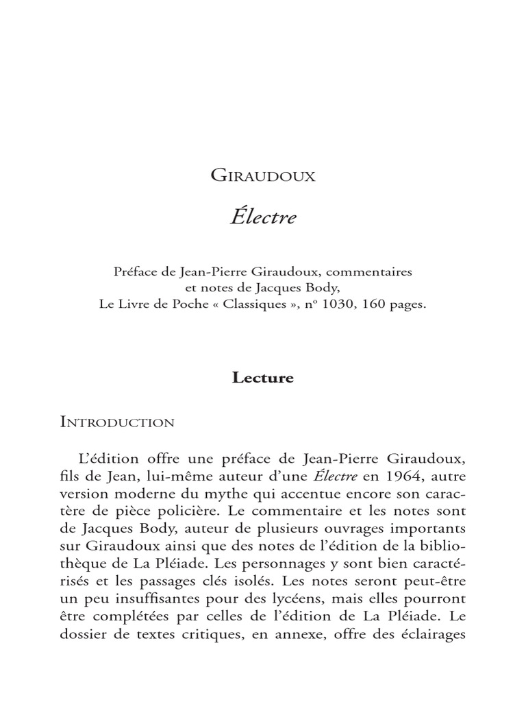 Analyse de l'Électre de Giraudoux | PDF | Classiques | Fiction générale