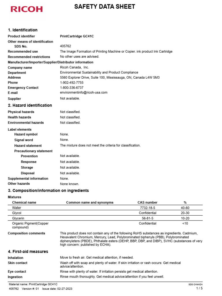 SDS Canada English 405762 PrintCartridge GC41C 20230227 | PDF ...