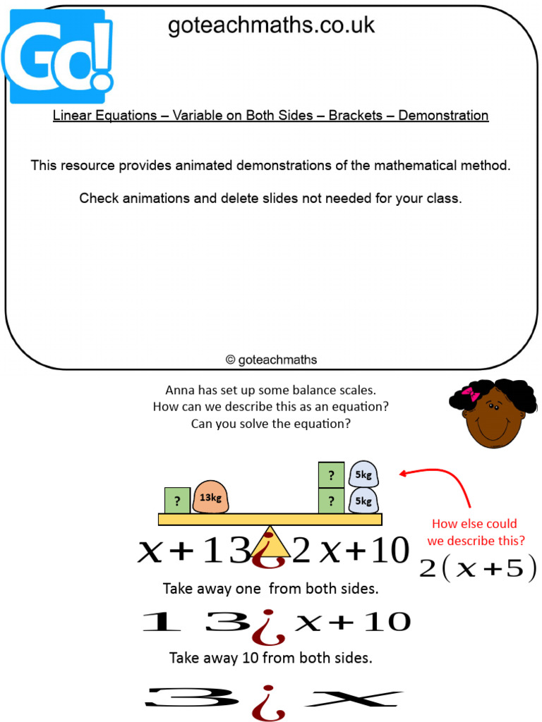 Linear Equations Variable On Both Sides Brackets Demonstration PDF