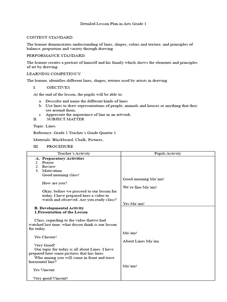 Grade 1 Arts Lesson Plan on Lines | PDF
