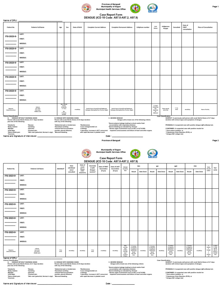 Dengue Case Report Form Template | PDF