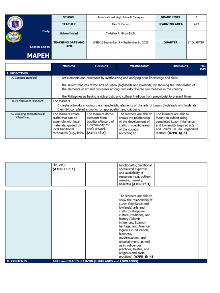 Q1 Grade 7 ARTS DLL Week 2 | PDF