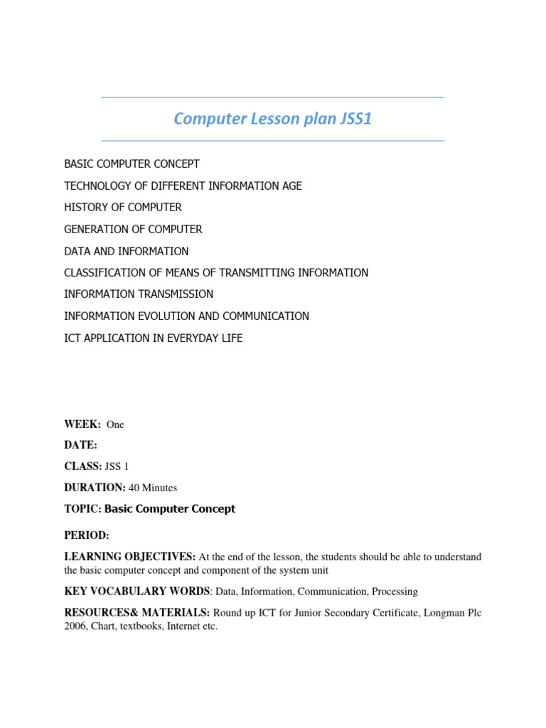 Computer Lesson Plan JSS1 PDF Download Free PDF Data Information