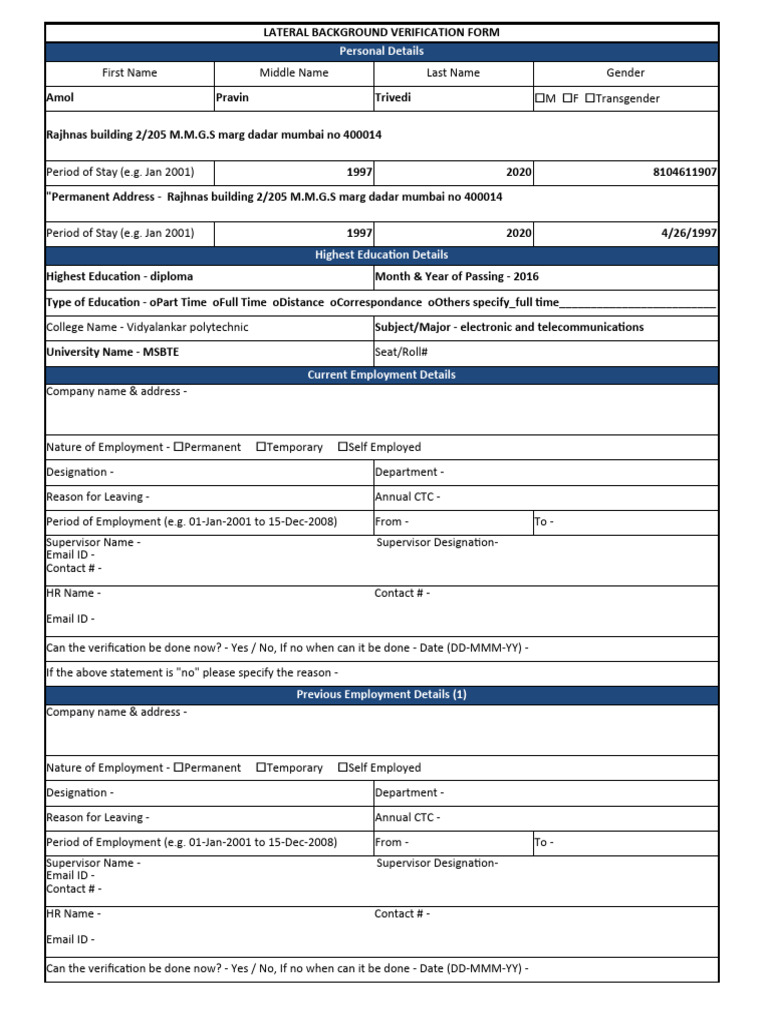 Lateral Background Verification Form | PDF | Government | Common Law