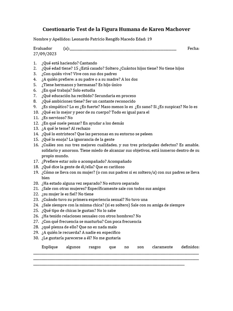 Cuestionario Test de La Figura Humana de Karen Machover Lisbeth | PDF ...