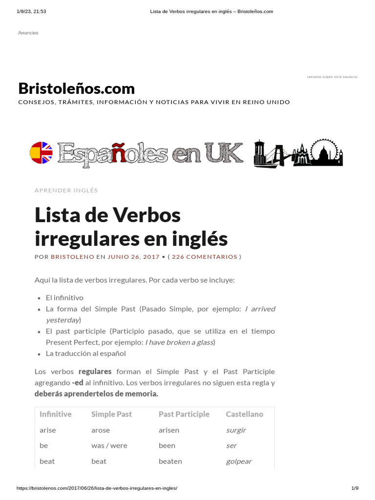Lista de Verbos irregulares en inglés – Bristoleños.com | PDF
