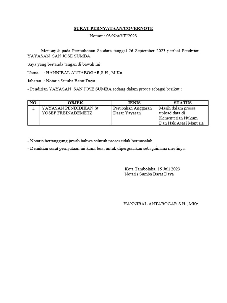 Contoh Cover Note Notaris Yayasan | PDF