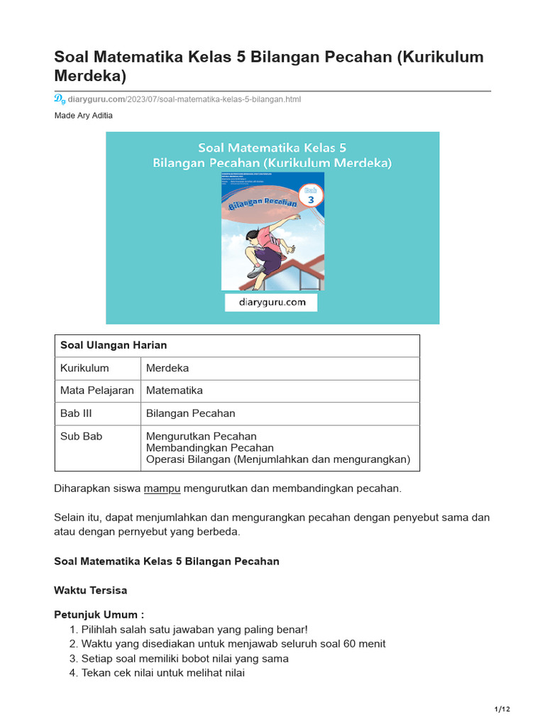 Soal Pecahan Kelas 5 Kurikulum Merdeka | PDF