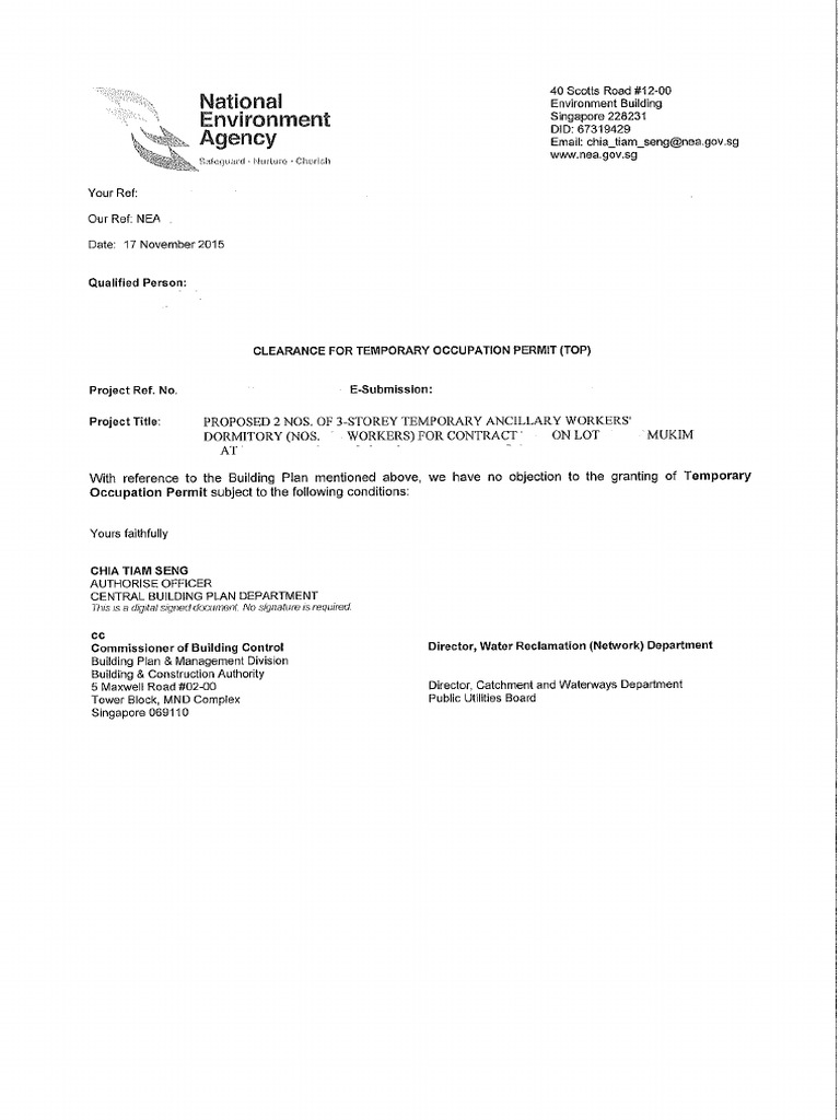 Sample - NEA Clearance For Temporary Occupation Permit (TOP) | PDF