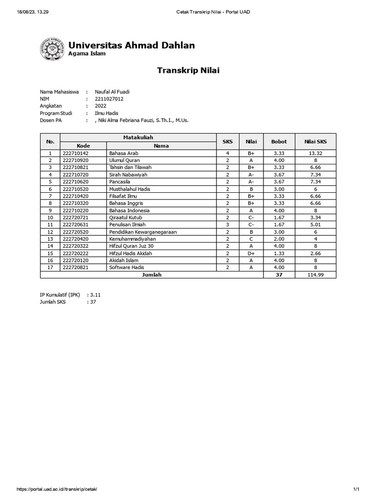 Cetak Transkrip Nilai Portal Uad Pdf