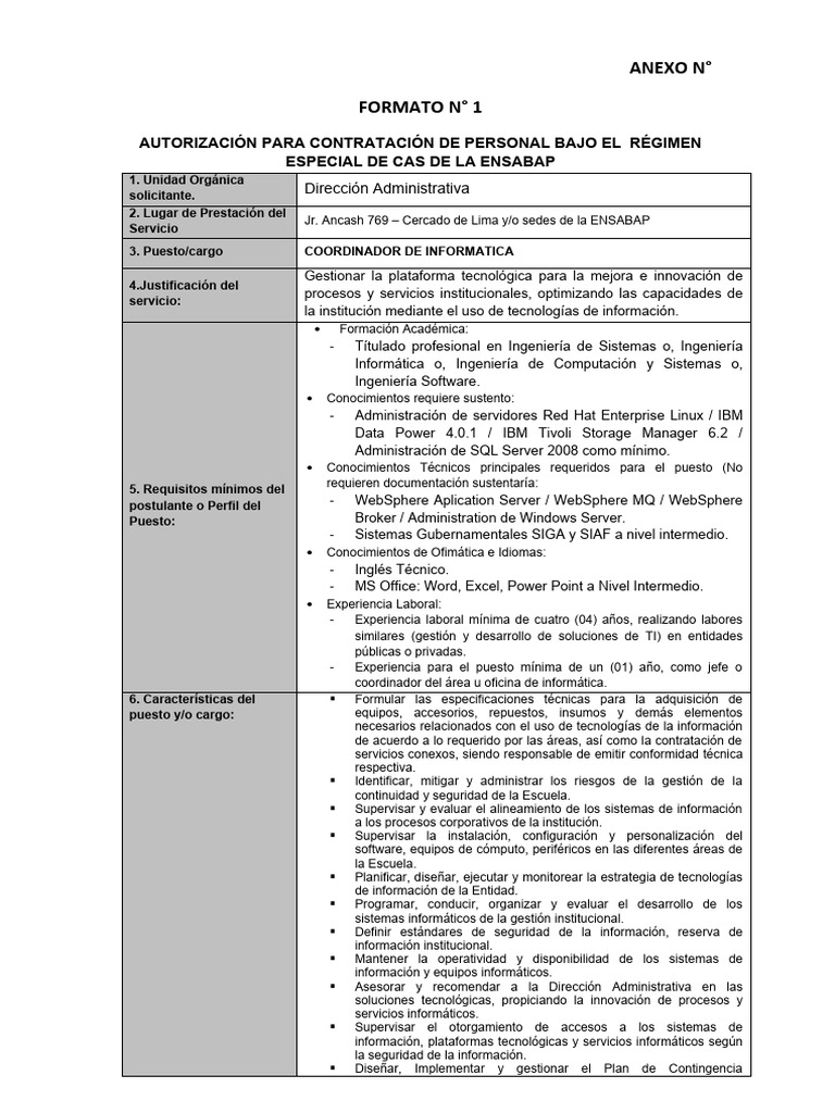 Autorización para Contratación de Coordinador de Informática | PDF ...
