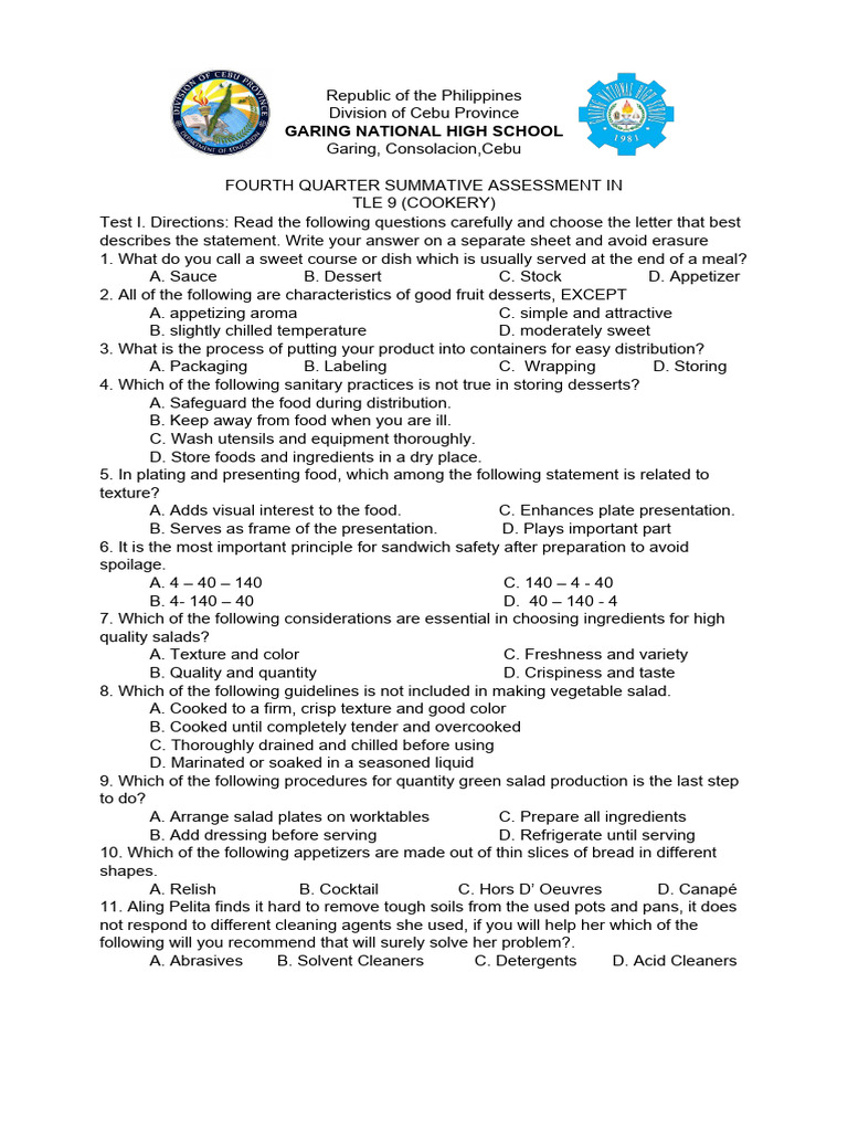 Fourth Quarter Exam 2023 Cook 9 PDF