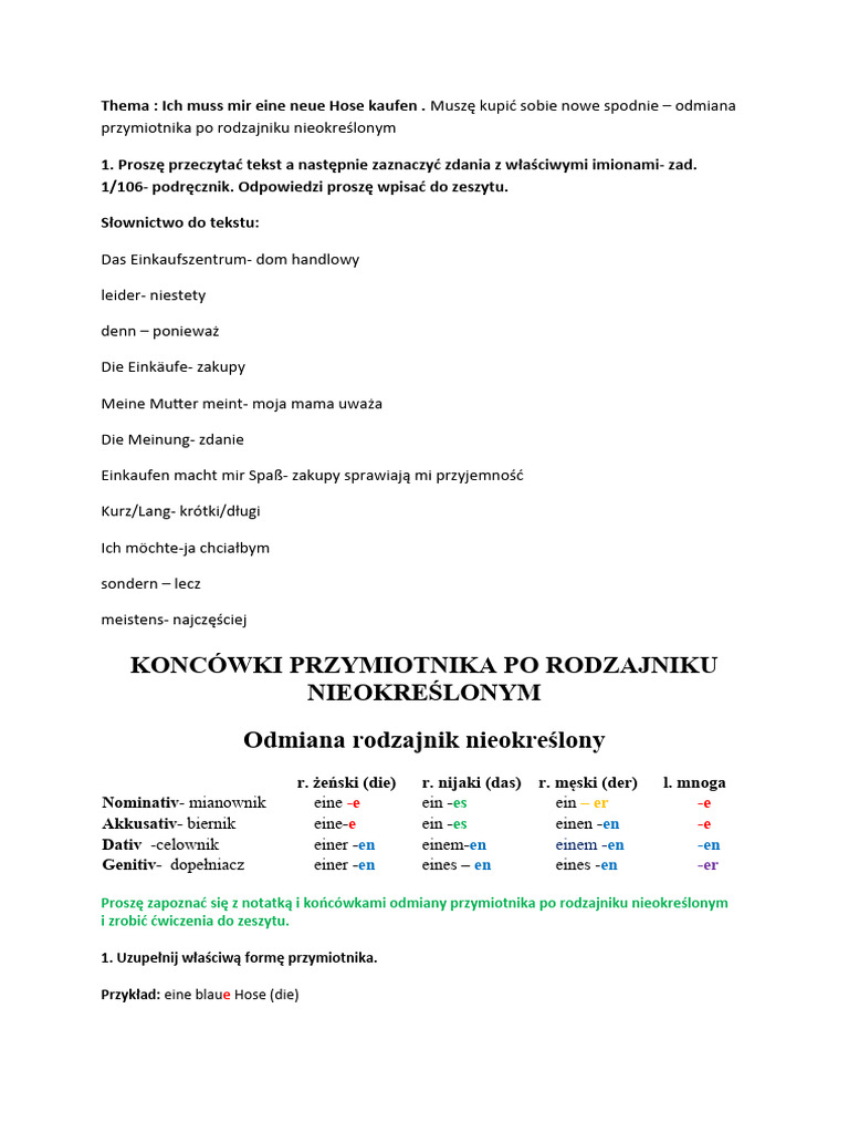Thema Odmiana Przymiotnika Po Rodzajniku Nieokreslonym 28.05 KL - VIII ...
