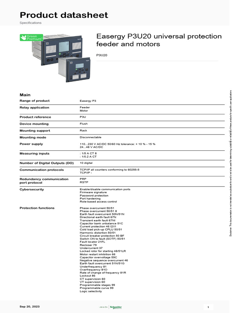 Easergy P3U20 Relay Specifications | PDF