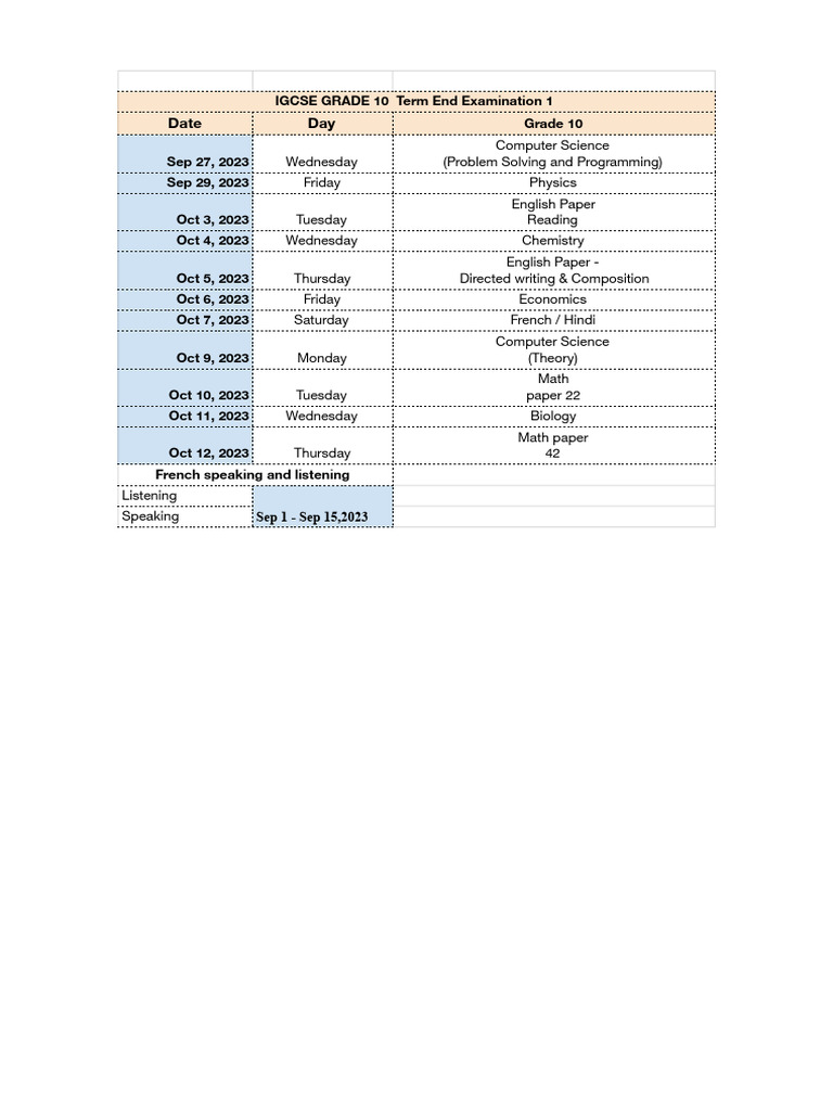 Grade 10 Igcse TT - Grade 9-10 Igcse TT | PDF