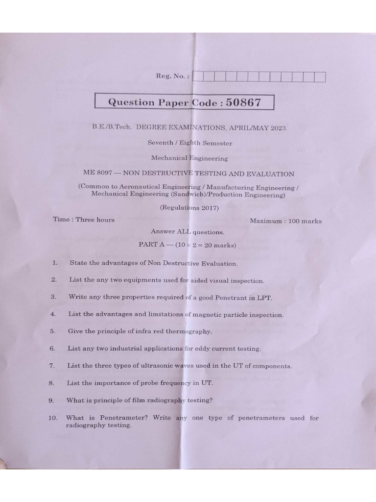 ME8097 Non-Destructive Testing Exam 2021 | PDF