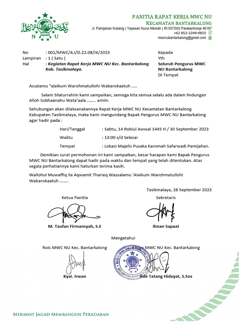 Surat Undangan Raker KPD Pengurus MWC NU BANTARKALONG | PDF