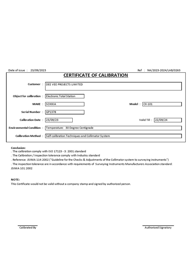 Dee vee projects limited total station cx 101 calibration certificate