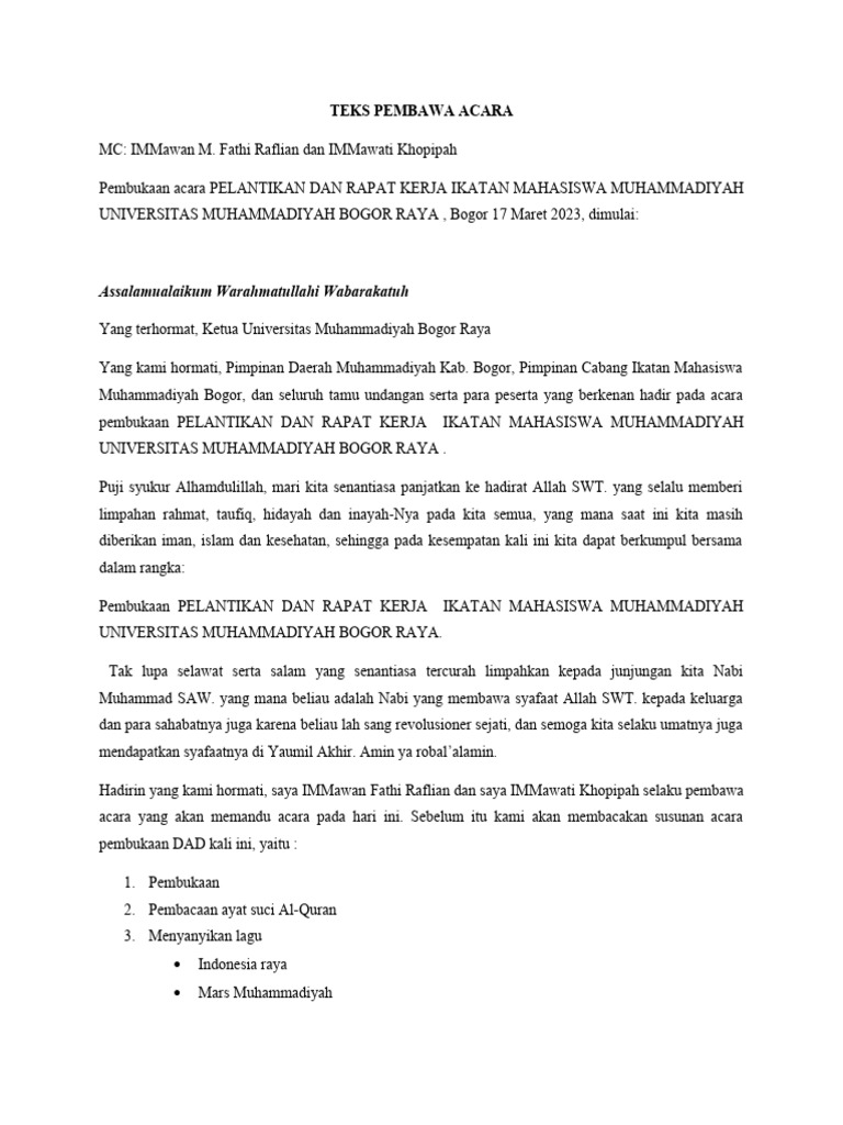 Teks MC Pelantikan Dan Raker Imm | PDF