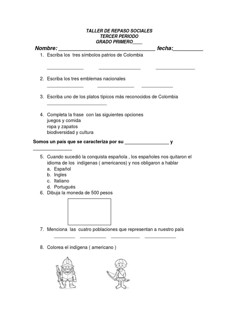 Taller de Repaso sobre Colombia para Primer Grado | PDF | Estudios de ...