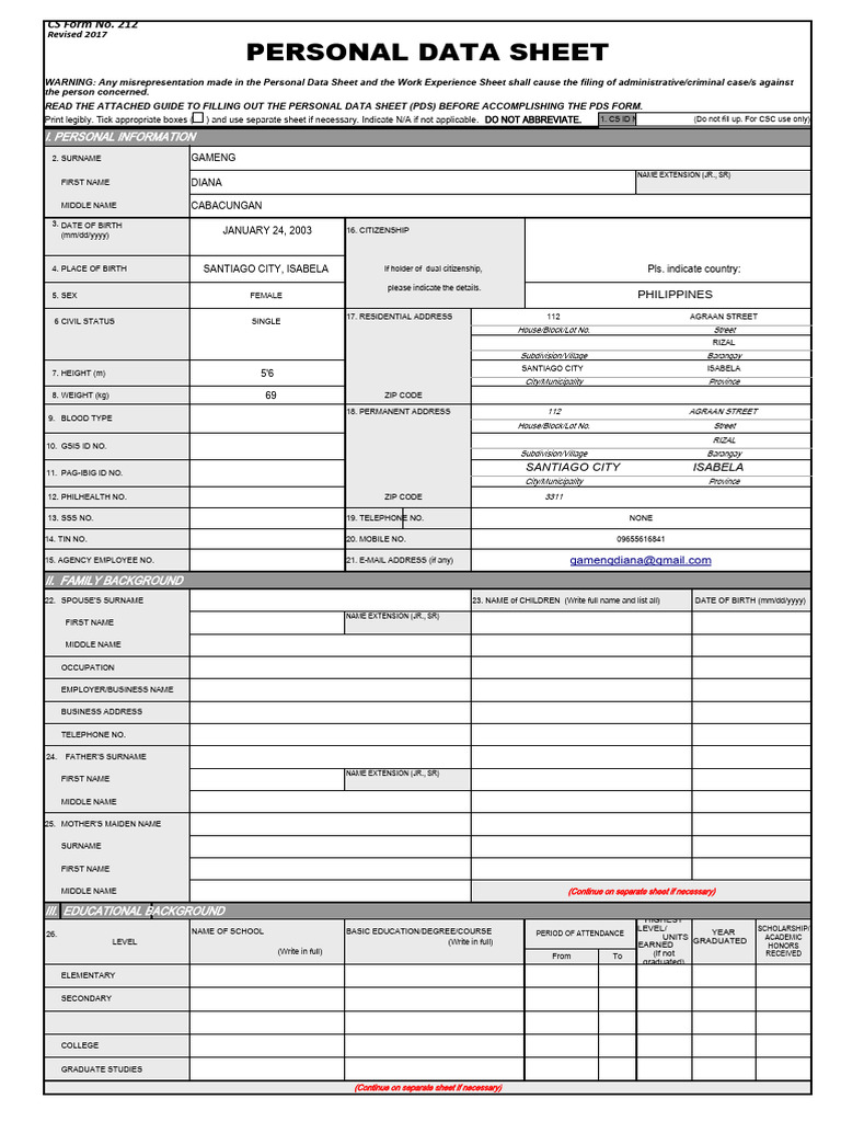 Personal Data Sheet CS Form No. 212 Revised 2017 | PDF