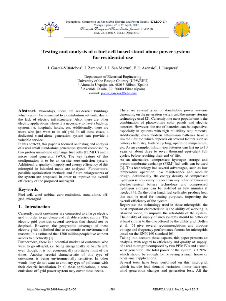 Testing and Analysis of A Fuel Cell Based StandAlone Power System For