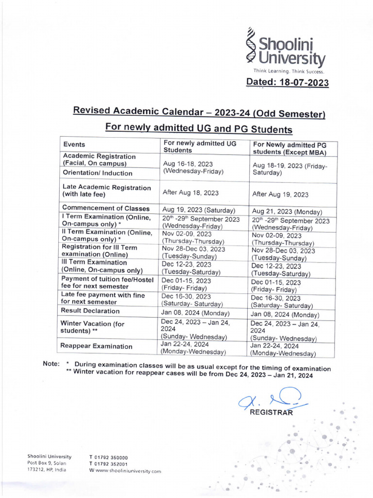Academic Calendar Ug and PG 2023 | PDF
