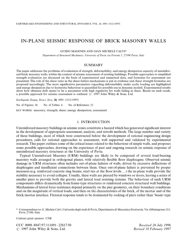 In Plane Seismic Response of Brick Mason PDF