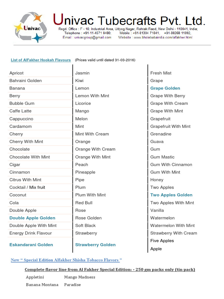 Al Fakher Hookah Flavors and Pricing | PDF