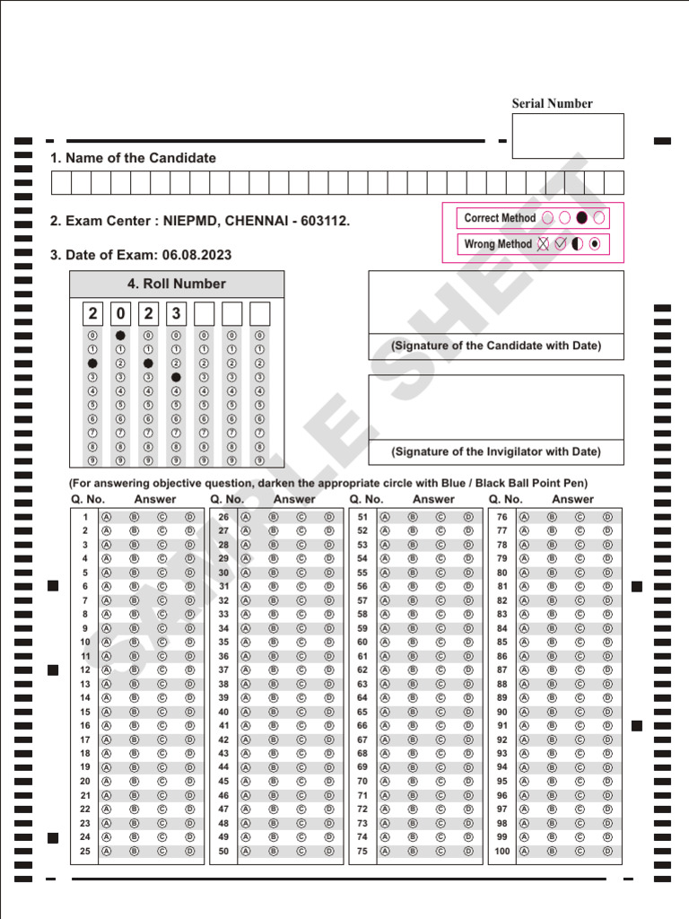 BPSC 100 Question OMR Sheet Sample | PDF