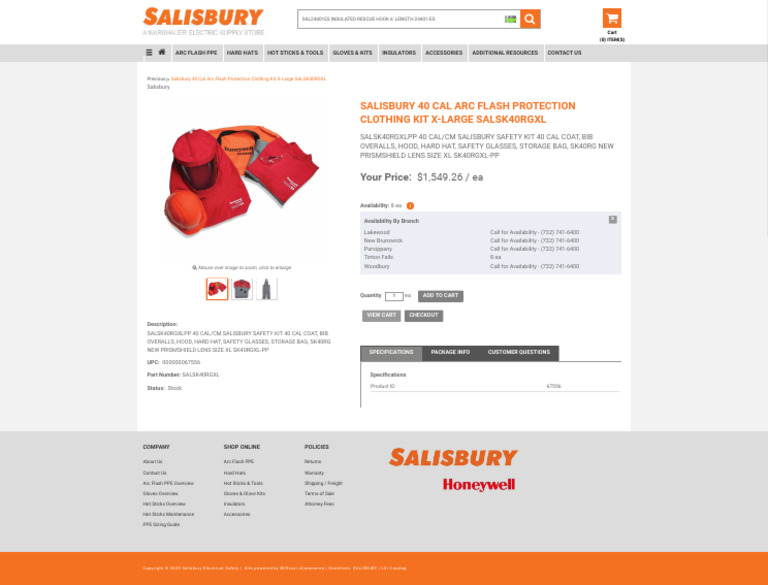 Salisbury 40 Cal Arc Flash Protection Clothing Kit XLarge SALSK40RGXL