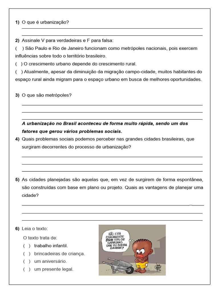 Atividades sobre Urbanização no Brasil | PDF | Jogos e Atividades