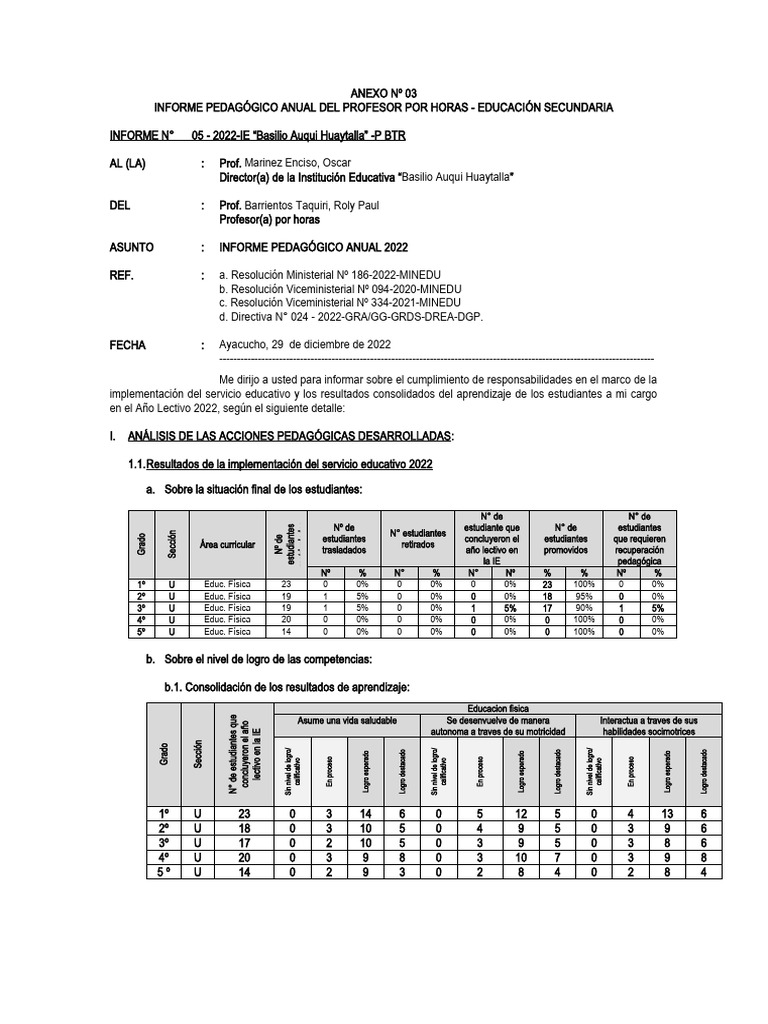 Informe Anual Educativo 2022 IE Basilio Auqui | PDF | Evaluación ...