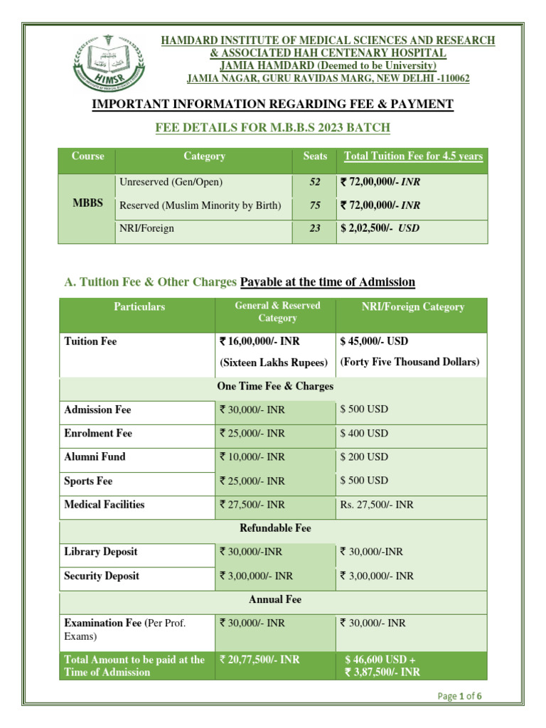 MBBS Fee Details 2023 24 | PDF