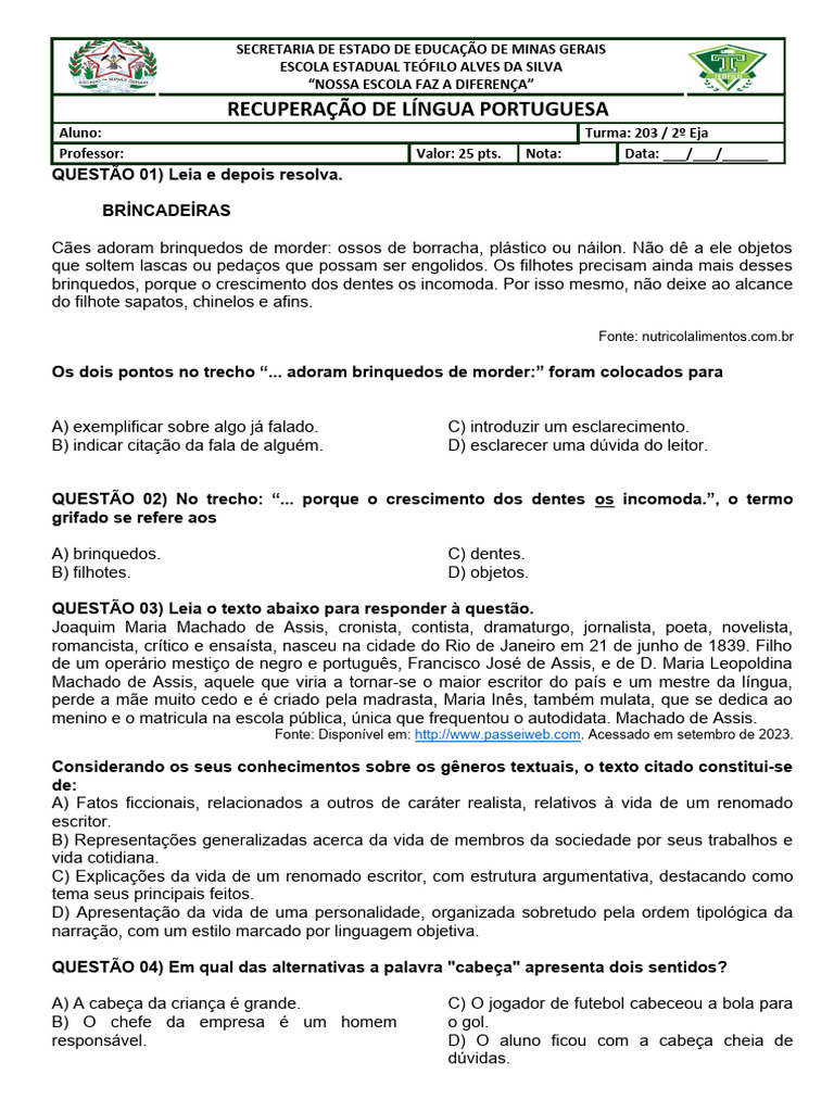 Recuperação de Português 2º Ano EJA | PDF