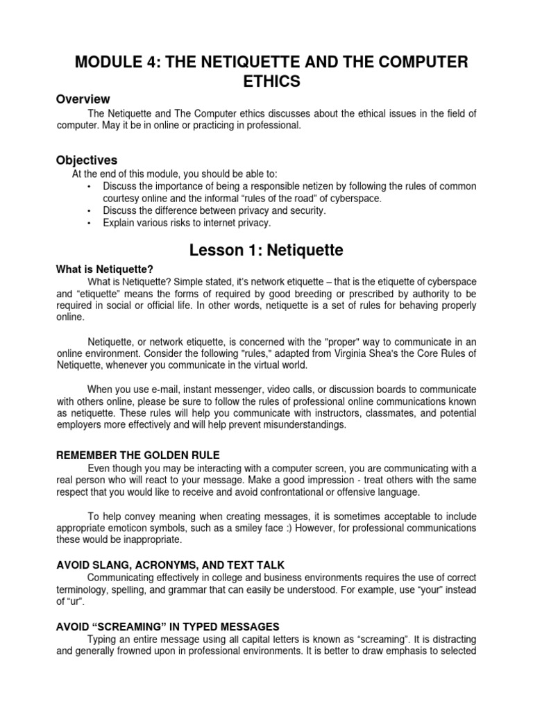 Module 4: The Netiquette and The Computer Ethics | PDF | Internet ...