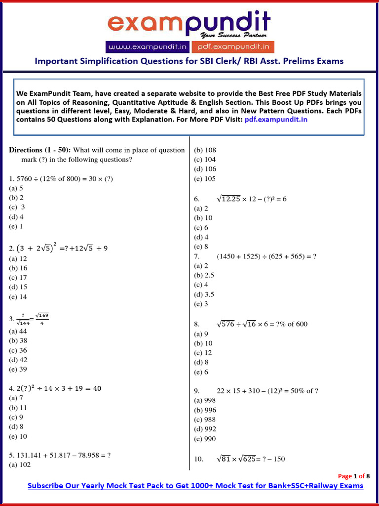 Simplification Questions For Sbi Clerk Rbi Assistant Prelims | PDF