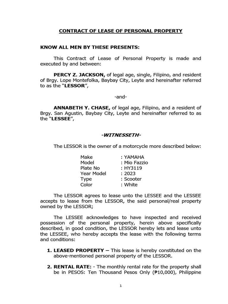 Personal Property Lease Agreement | PDF | Lease | Civil Law (Common Law)