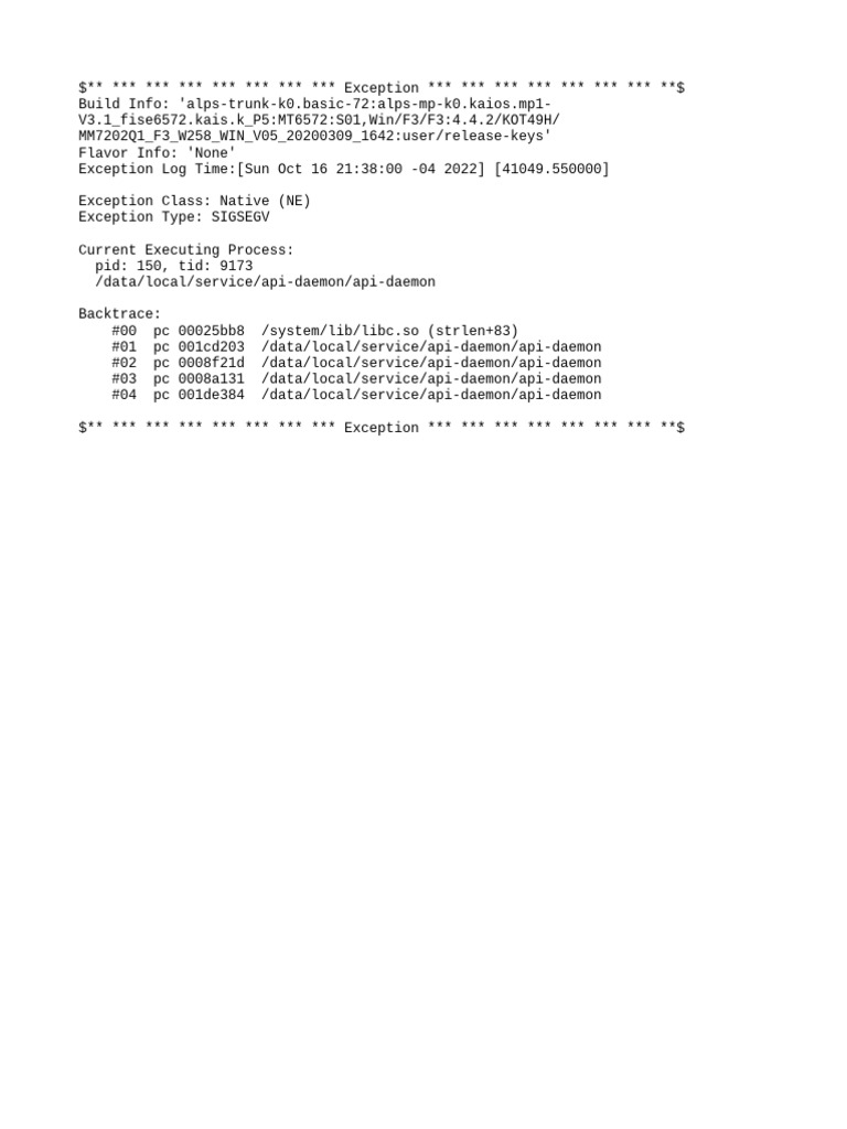 API Daemon SIGSEGV Exception Log | PDF