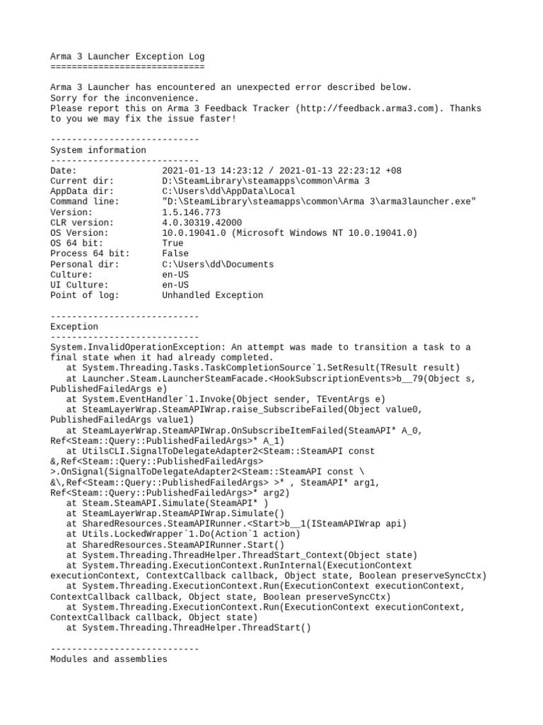 Arma 3 Launcher Error Log Details | PDF