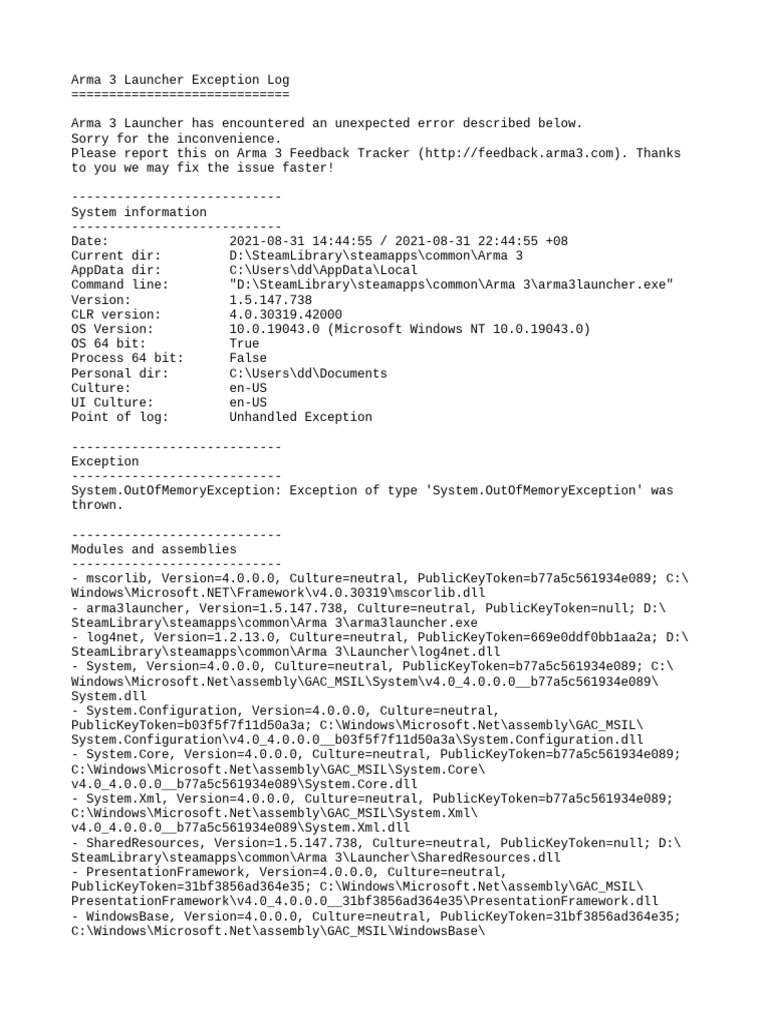 Arma 3 Launcher Error Log Report | PDF | Extensible Application Markup ...