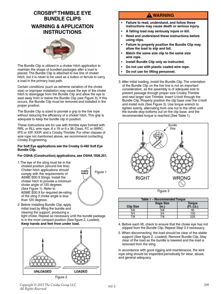 Crosby Thimble Eye Bundle Clips Warning & Application Instructions Download Free PDF