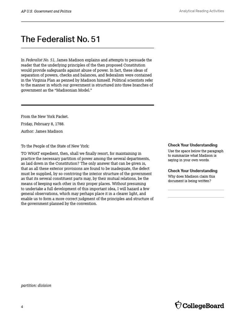 Madison's Federalist 51: Power Checks Explained | PDF | James Madison ...