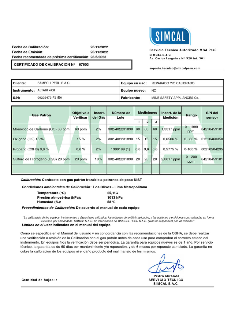 Certificado de Calibración N° 67603 | PDF | Calibración | Dióxido de ...